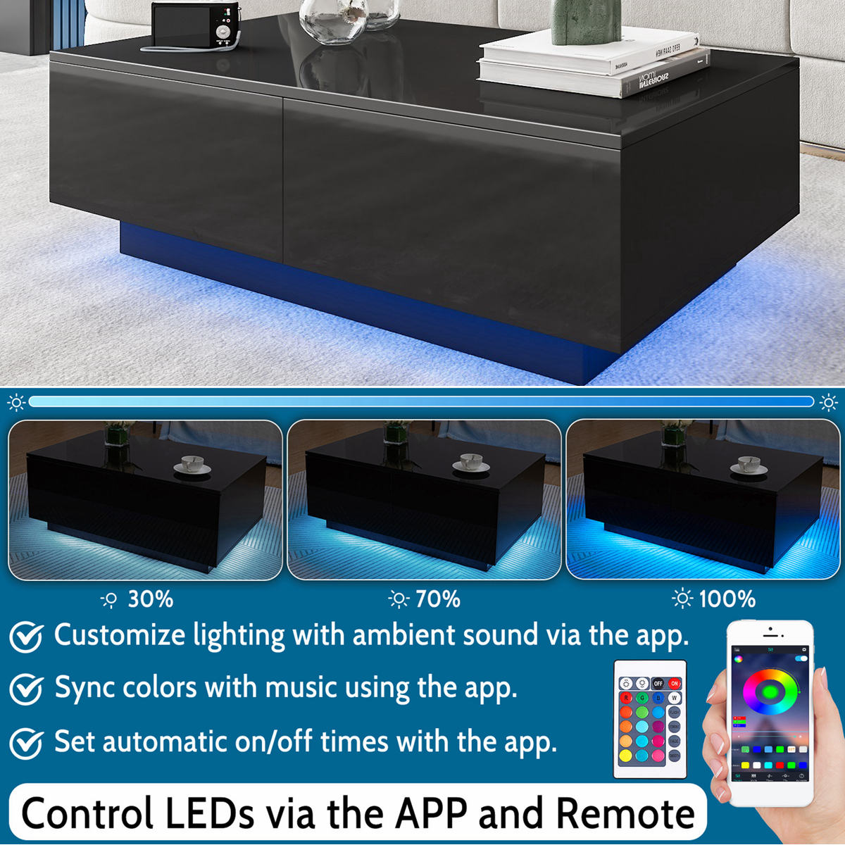 Hommpa Rectangular LED Coffee Table with 4 Drawers High Gloss Black Finish Modern Living Room Sofa Side Cocktail End Table 37.4 x 23.6 x 15.4 inches