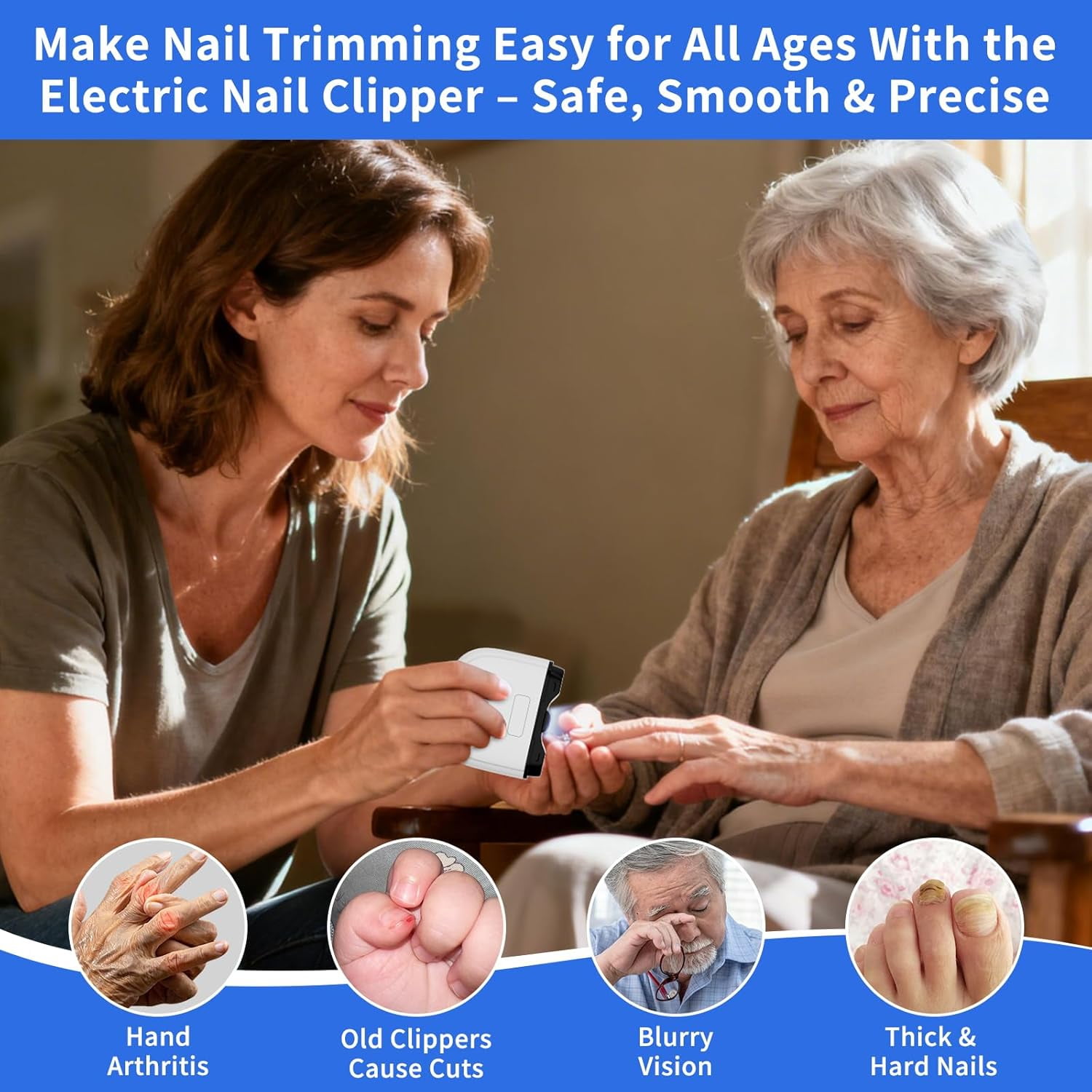 ABPETE 3-in-1 Electric Nail Clipper, Smart Nail Clipper for Seniors with Polishing & 3 Speeds, Automatic Cutter with LED Light and Nail Clipping Collection Box for Seniors/Adults/Baby