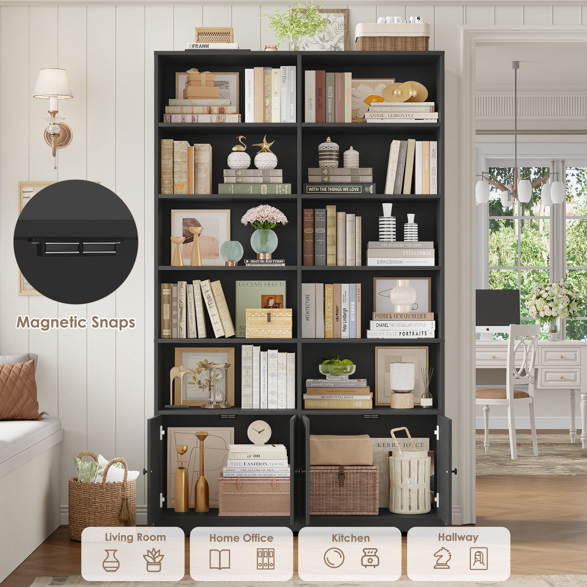 Hiphuta 78"H x 47"W Bookcase with Doors, Tall Bookshelves with Storage, 5-Tier Shelves Freestanding Display Bookcase for Home Office and Living Room, Black