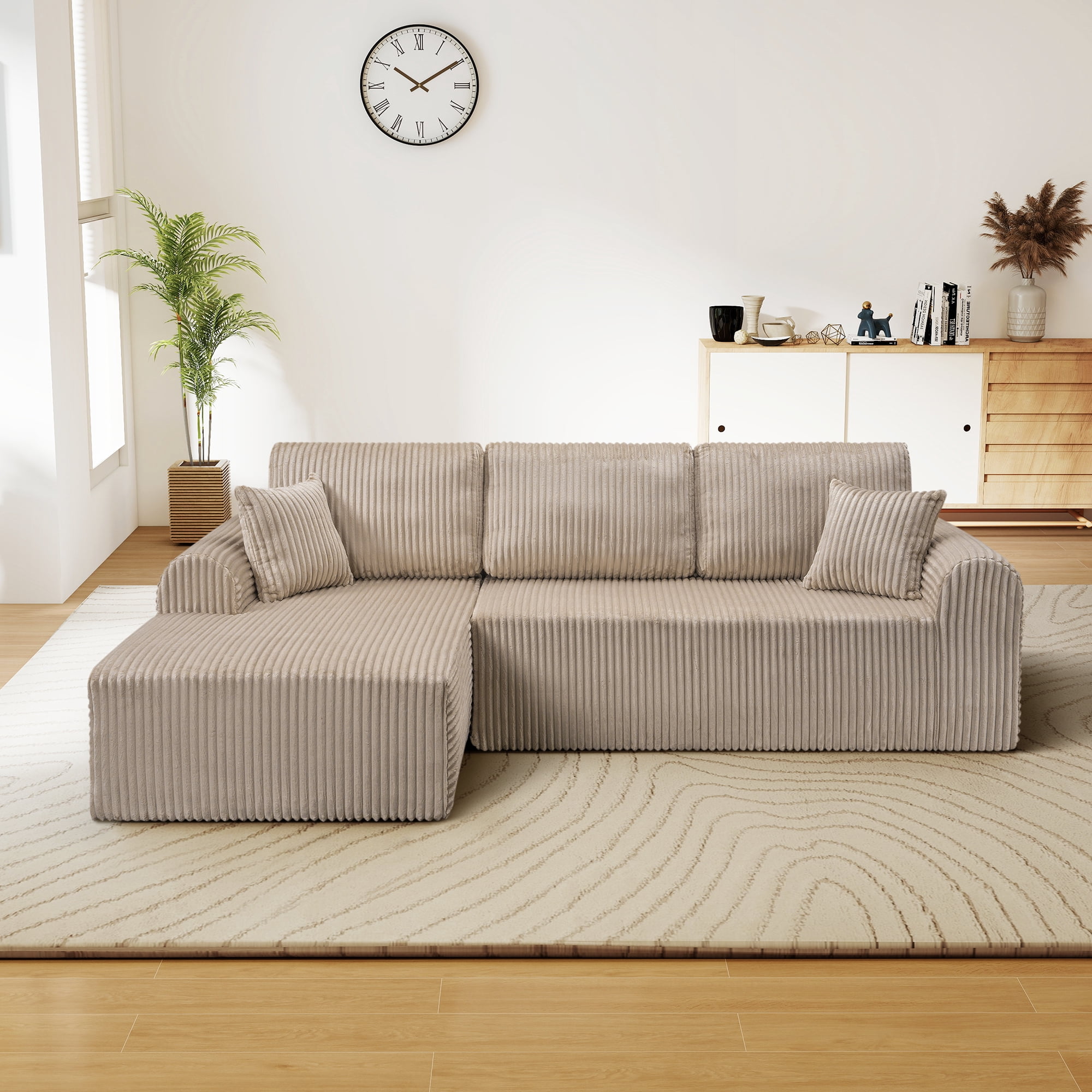 Aukfa 109" Modular Cloud Sectional Sofa with L-Shape Chaise, Corduroy Upholstered Deep Seat Couch, Left Facing Chaise, No Assembly Boneless Sofa for Living Room/Bedroom/Apartment, Camel