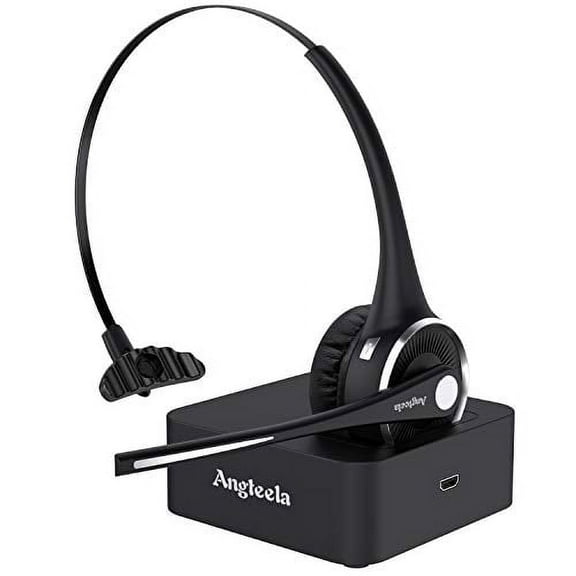 Trucker Bluetooth Angteela Headset with Microphone, Wireless Cell Phone Headset with Noise Canceling Mic Charging Base Mute Function for Home Office Call Center Skype