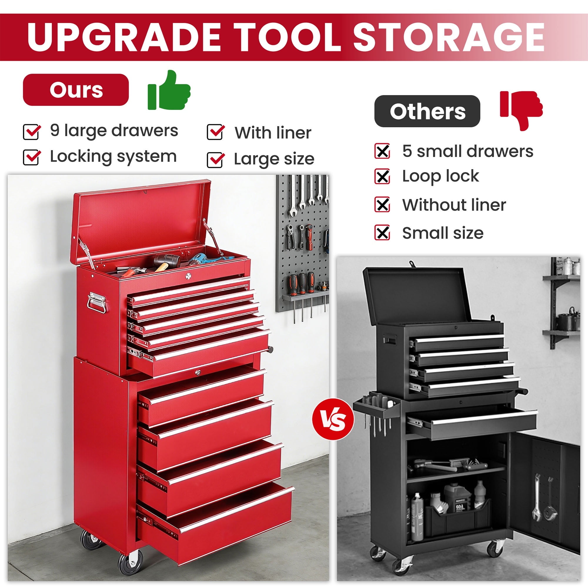 Seizeen Tool Box Rolling Tool Chest, 8-Drawer Storage Tool Cabinet, Garage Warehouse Lockable Tool Organizer with Linner, Side Shelf, Black