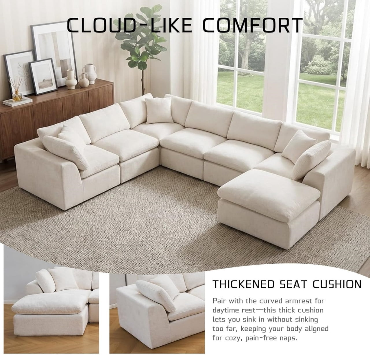 Oversized U-Shaped Sectional Sofa with Ottoman, 7-Seater Chenille Modular Sofa with Deep Seat, Cloud Sofa Boneless Couch for Living Room Apartment