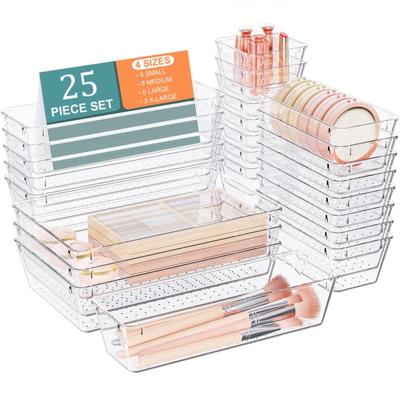 Acztne 25 PCS Plastic Drawer Organizers Set, 4 Size Clear Vanity Organizer, Stackable Desk Organizers for Cosmetics, Jewelry, Utensils, Pencils in Bedroom, Bathroom, Kitchen