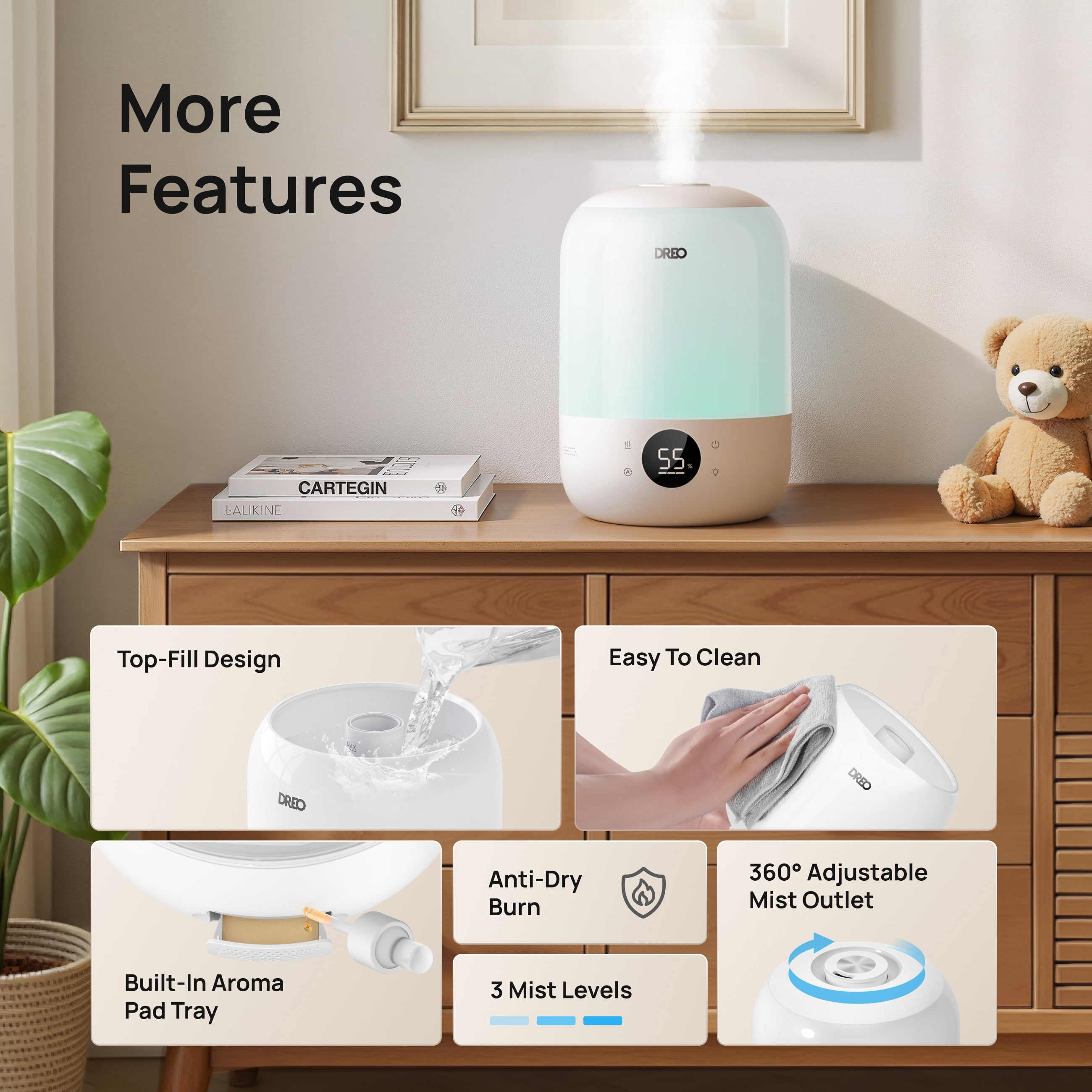 DREO Cool Mist Humidifier for Room, 3.7L Top-Fill & 35H Runtime Ultrasonic Humidifier, Custom Humidity Setting, Light Indicator & Aroma Tray, 26dB Quiet Humidifier for Home, Baby Bedroom, White
