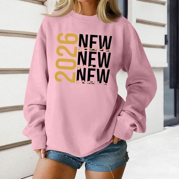 Women's Fashion Top New Year 2026 Printed Pullover Sweatshirt Holiday Design for Women Casual Celebration Streetwear Top,Pink,2XL