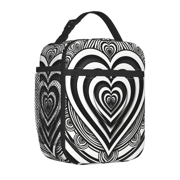 Love Heart Lunch Bag Insulated Reusable Cooler Tote Portable Meal Prep Bag Side Mesh Pocket Work Office Picnic