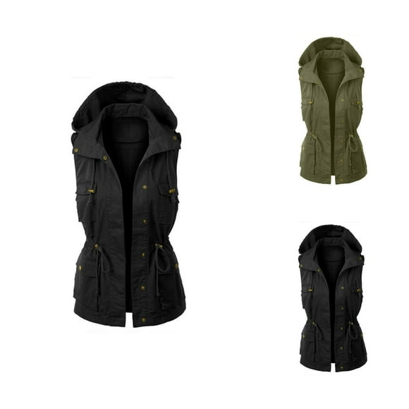 Gilet Utilitaire pour Femmes Sans Manches à Cordon de Serrage à la Taille avec Capuche et Poches