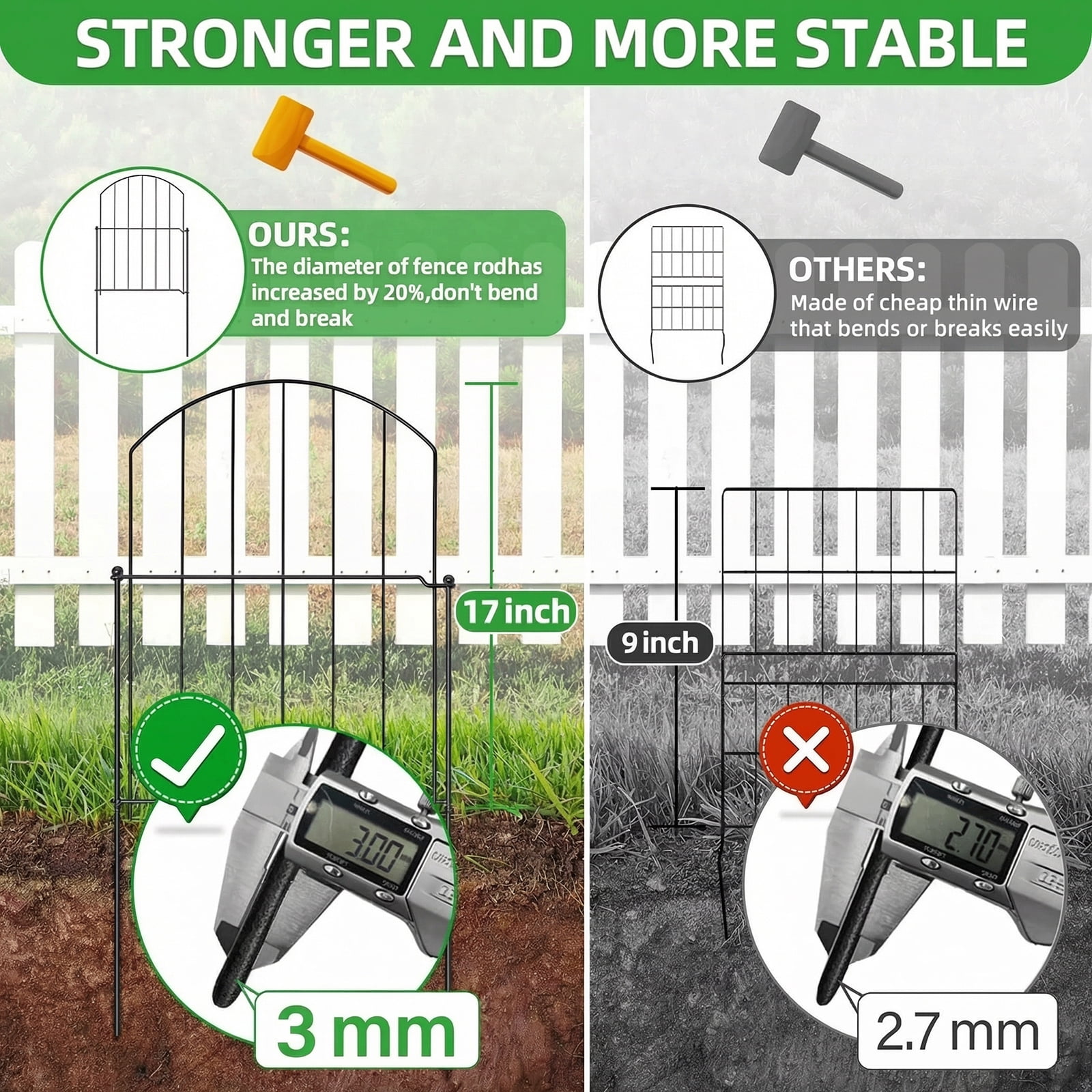 BSHAPPLUS® Garden Fence 10 pack ,17in (H) x 11ft (L) Metal Fence,Rustproof Decorative Fence,Animal Wire Fence,Wrought Iron Fence, Picket Fencing No-Dig for Yard, Lawn and Patio Borders