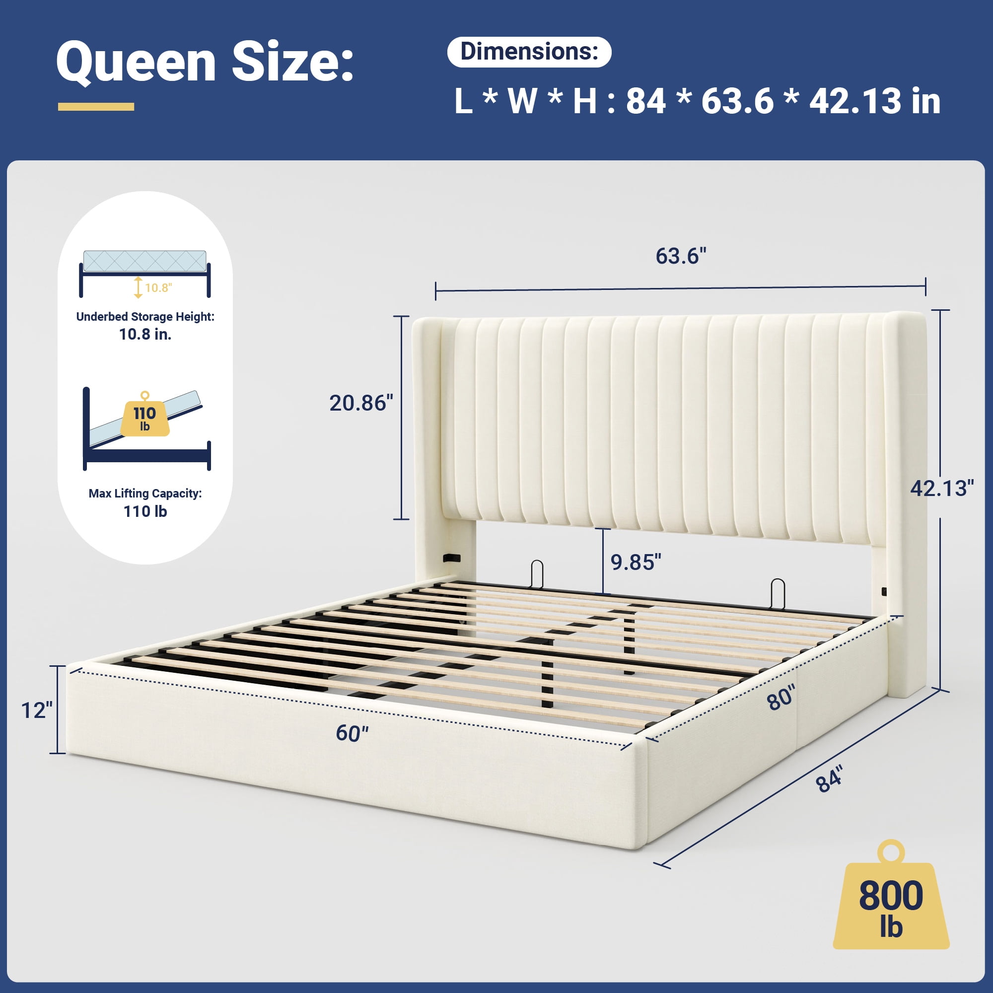 Allewie Queen Size Lift Up Storage Bed Frame, Hydraulic Support System, Upholstered Platform Bed Frame, Vertical Channel Tufted Headboard with Wingback, Cream White