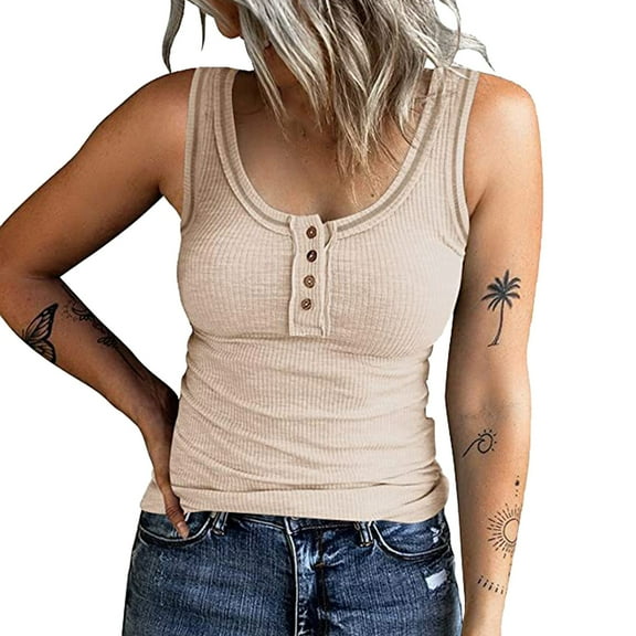 Womens Tops Button Sleeveless Top Casual Round Neck Knit Shirt Vest Solid Splice Basic Tank Camis L Size Tank Tops for Women