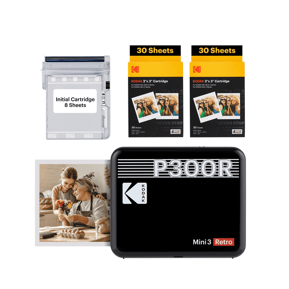 KODAK Mini 3 Retro Instant Portable Photo Printer (3x3 inches) 68 Sheets Bundle, Black