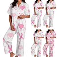 thumbnail image 2 of Women’s Short Sleeve 2 Piece Sleepwear Pajama Set All‑Over Pink Ribbon Heart Star Print Notch Collar Button Down Long Pants with Pockets Comfy Relaxed Fit Home Night Loungewear Pink L, 2 of 4