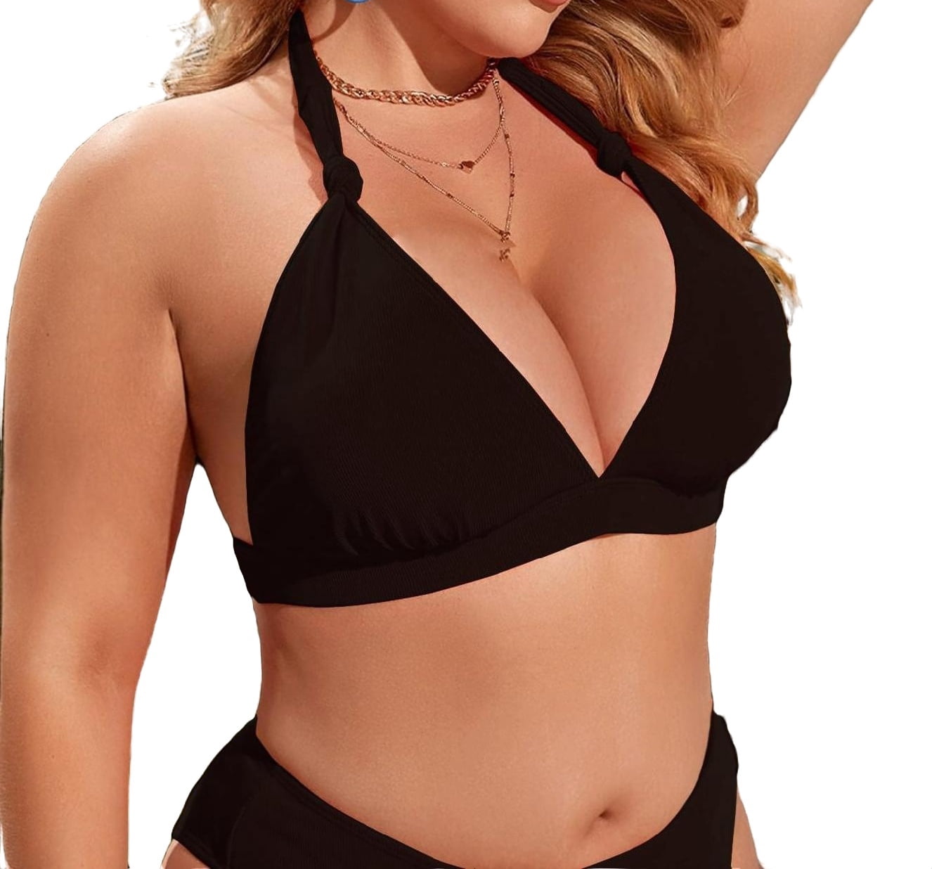 Plain Halter Black Plus Size Bikini Tops (Women's Plus)