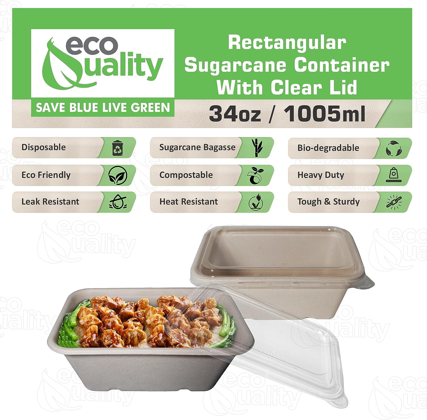 EcoQuality 34oz Disposable Bowls with Clear Lids - Rectangular Compostable Sugarcane Fiber Biodegradable Paper Bowls Eco-Friendly Take Out Food Storage Containers, Microwave Safe, Meal Prep (200 PACK)