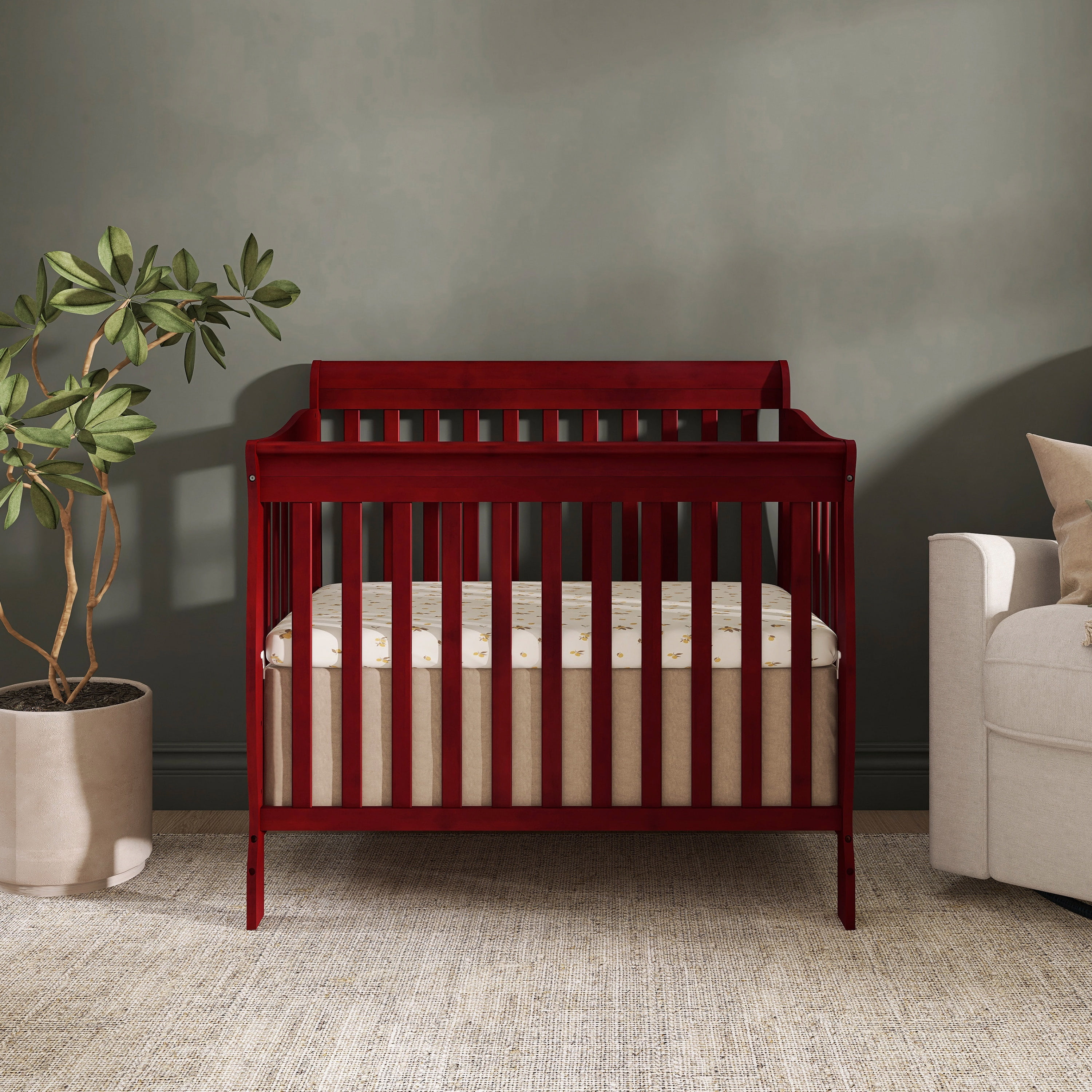 Dream On Me Aden 4-in-1 Convertible Mini Crib In Cherry, Greenguard Gold Certified