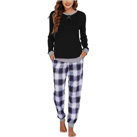 Weebloom Women's Pajamas Long Sleeve Crew Neck Comfy With Pockets Cotton Women Pajama Sets Homewear L