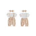 thumbnail image 2 of BemeyourBBs Newborn Baby Girl Summer Clothes Cotton Outfits Faux Two-piece Romper Bow Print Ruffled Trim Short Sleeve Jumpsuit and Bow Headband 2 Pcs Set, 2 of 9