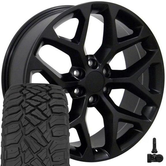 OE Wheels CV98B 22 Inch Rims and Tires Fit Silverado 1500 Snowflake Style 6x139.7 22x9 Satin Black - Hollander 5668 - TerraMax RT 285/45-22 (Set of 4)