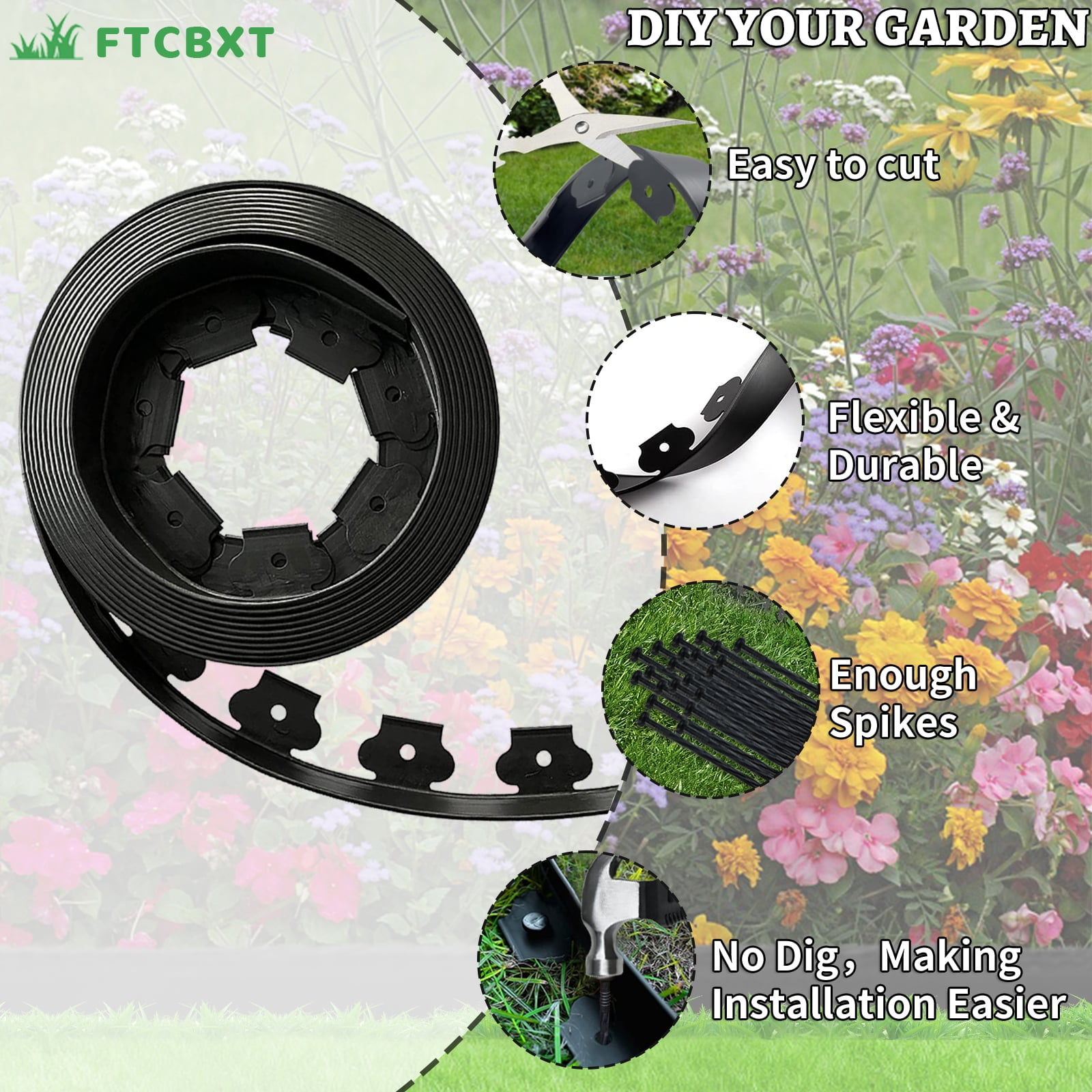 FTCBXT Landscape Edging Border 2 Inch Tall with 80-Pack Spiral Nylon Anchoring Spikes and 1 Scissor,Plastic Garden Edging Border for DIY Garden,Lawn Edging,Yard (80 FT)
