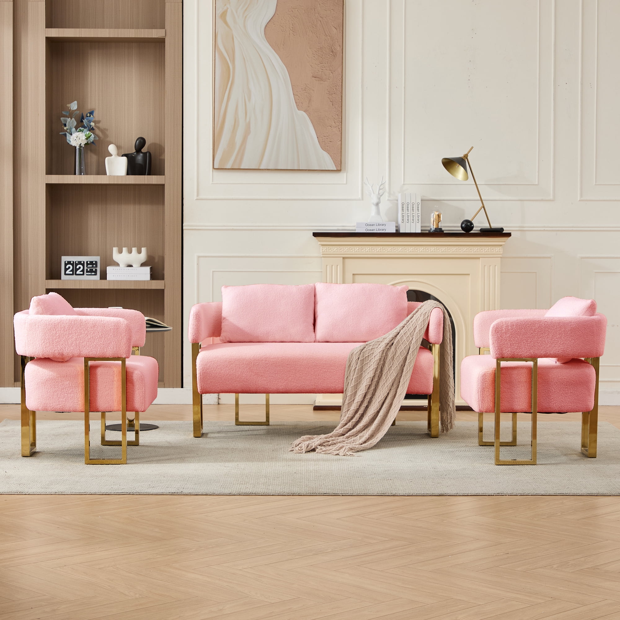 Modern Decorative Chair with Gold Metal Legs Pink Teddy Fleece Upholstered Living Room Side Chair for Dressing Area Reception Room Office