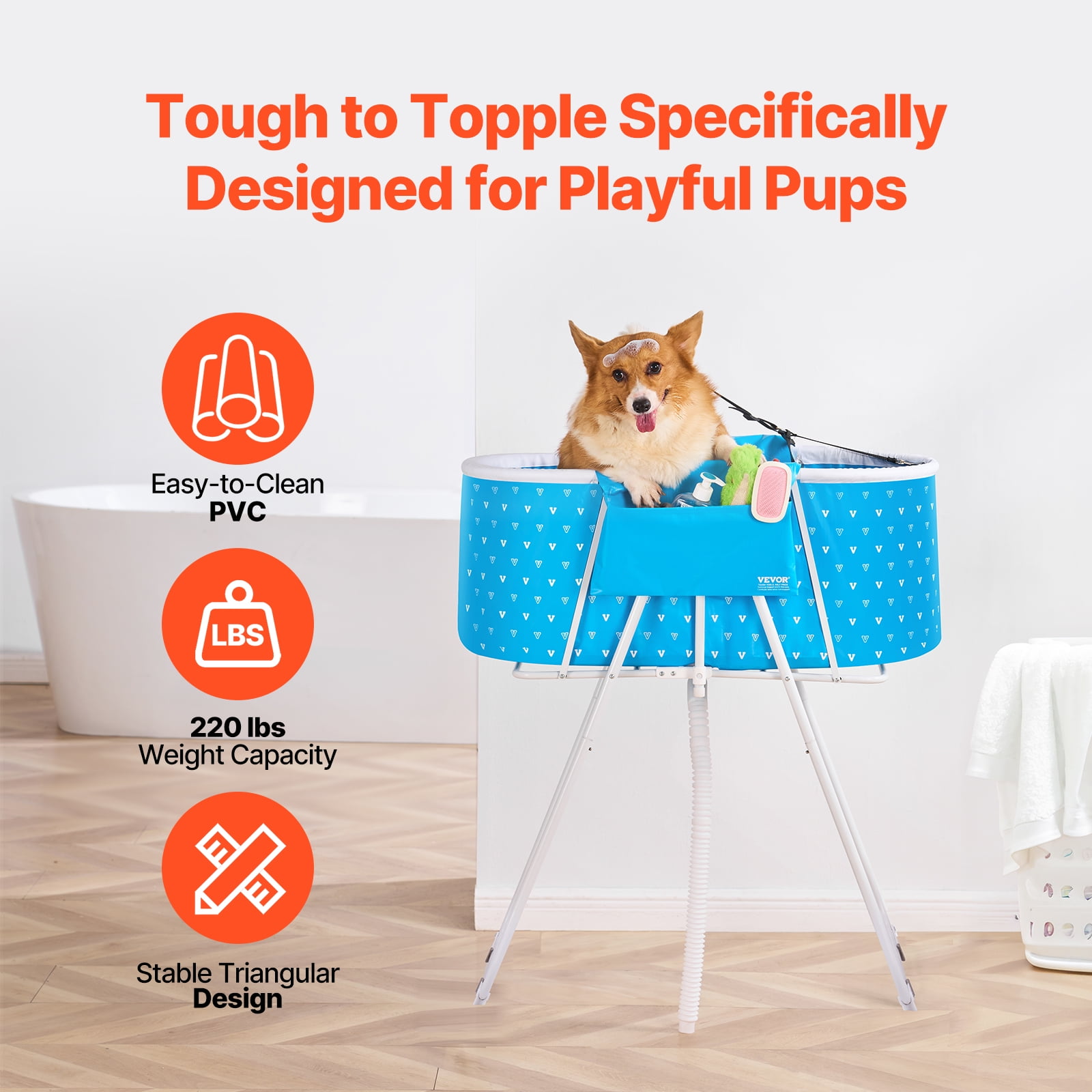 VEVOR Portable Dog Bathtub, Elevated & Foldable Space-saving Pet Shower Station with Quick Drainage, Bathing Tub, Washing & Grooming Small and Medium Size Dogs and Cats Indoor & Outdoor, Light Blue