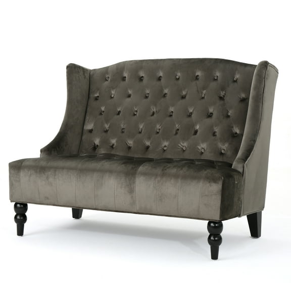 Lanny Loveseat Settee, Wingback Bench 50 Inch Wood, Tufted Gray Velvet