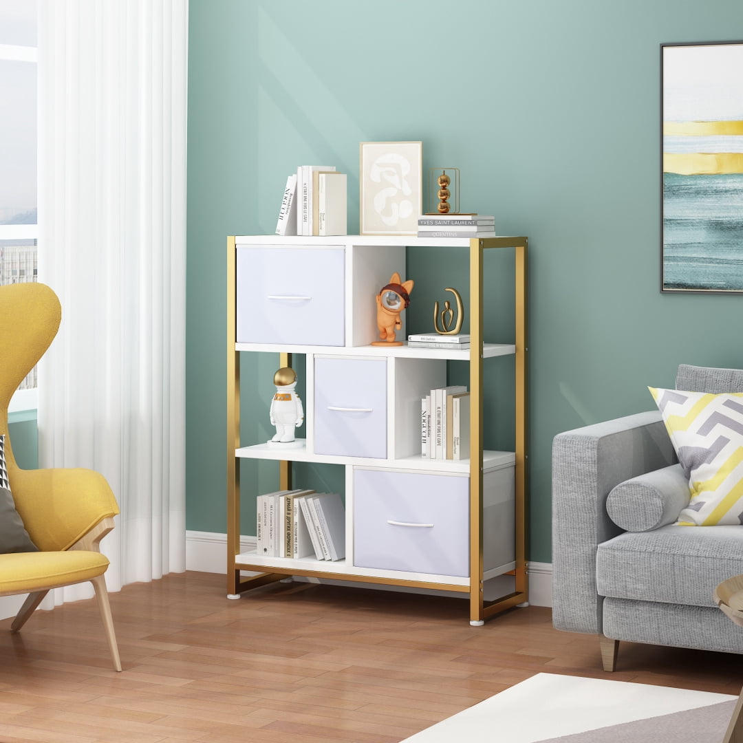 4 Layers Short Bookshelf with 3 Drawers and Open Shelves, 4-Tier