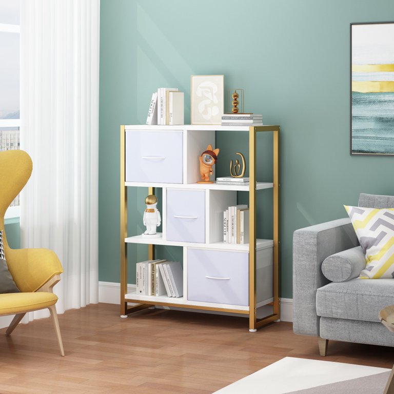 4 Layers Short Bookshelf with 3 Drawers and Open Shelves, 4-Tier