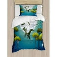 thumbnail image 3 of Dinosaur Duvet Cover Set, Cartoon Style Dinosaurs Flying on Full Moon Night Enchanted Forest, Decorative 3 Piece Bedding Set with 2 Pillow Shams, King Size, Green White Blue, by Ambesonne, 3 of 3