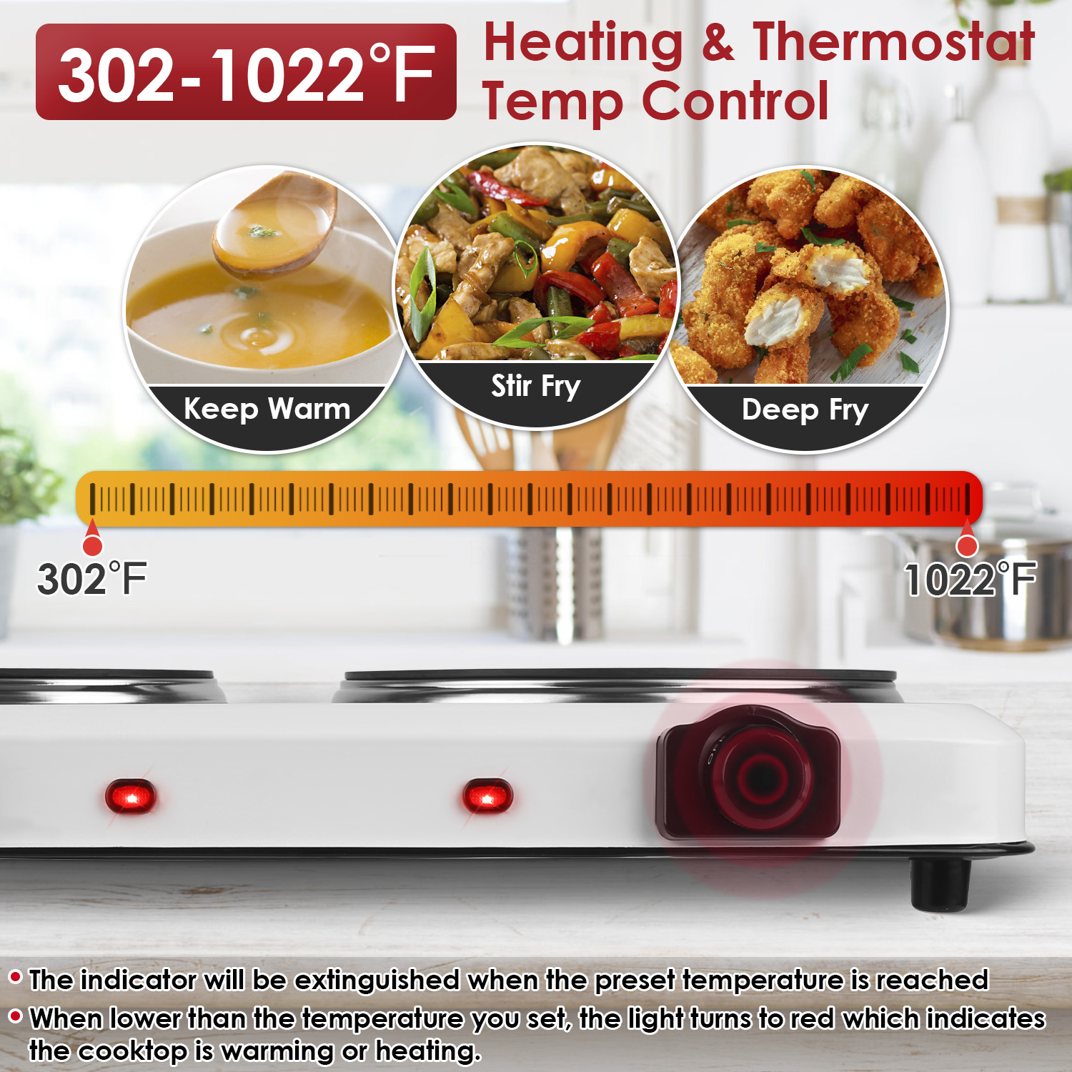 Imountek 1800W Dual Hot Plate Electric Burner with 7.5” & 6.3” Glass Cooktop Stepless, Infrared Countertop Burner, White