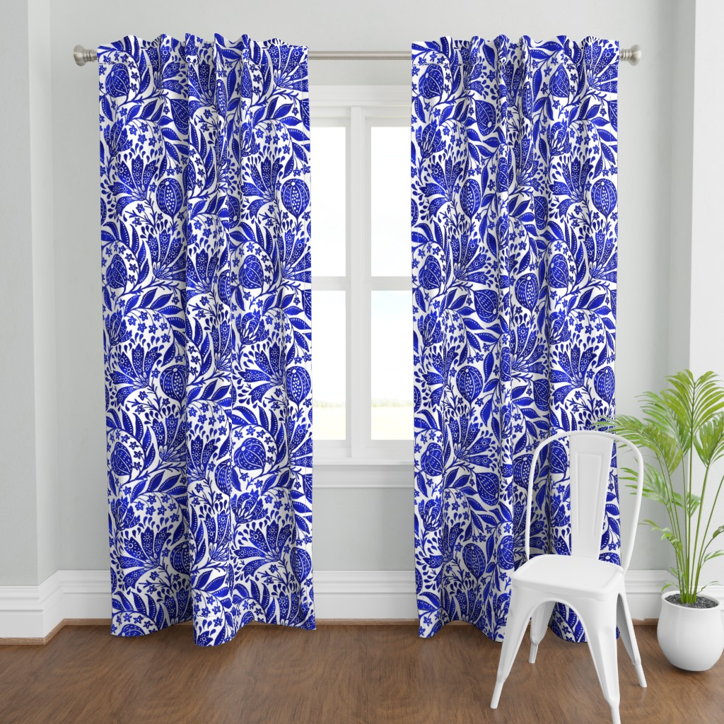 Curtain Panel, 96", Cypress Cotton Canvas Cobalt Blue Botanical