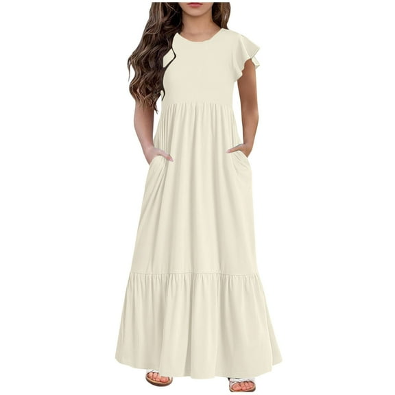 Girls Maxi Flowy Dress Long Summer Dresses Casual Sundress A Line Pleated Party Dress with Pockets for 6-13 Years