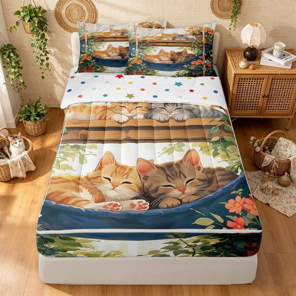 Manfei Anime Sleeping Kitten Zipper Twin Comforter Sets with Fitted Sheet and 2 Pillowcases, Garden Floral Hammock Zipper Bedding Set, Cream Green, Polkadot Reversible, 4pcs