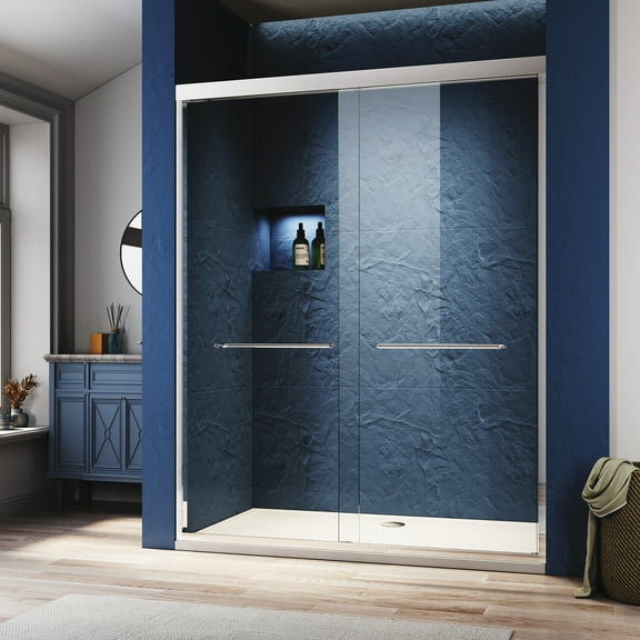 Seetaras Semi-frameless Sliding Shower Glass Door 56-60 in. W x 72 in. H, Adjustable Shower Door,Clear Clear Tempered Glass,Stainless Steel Handles, Chrome Finish