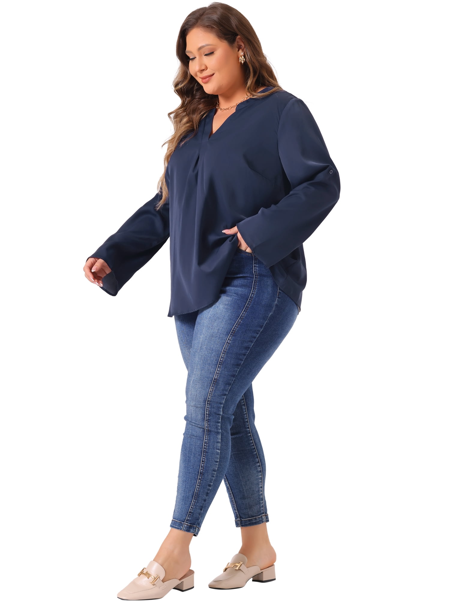 DARING DIVA Women's Plus V Neck Long Sleeve Rolled Up Sleeve Blouse 4X Navy Blue