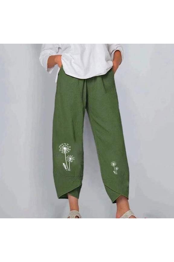 Women Fashion Casual Printing Pocket Fold Loose Full Length Pants Lightweight Versatile Going Out Pants
