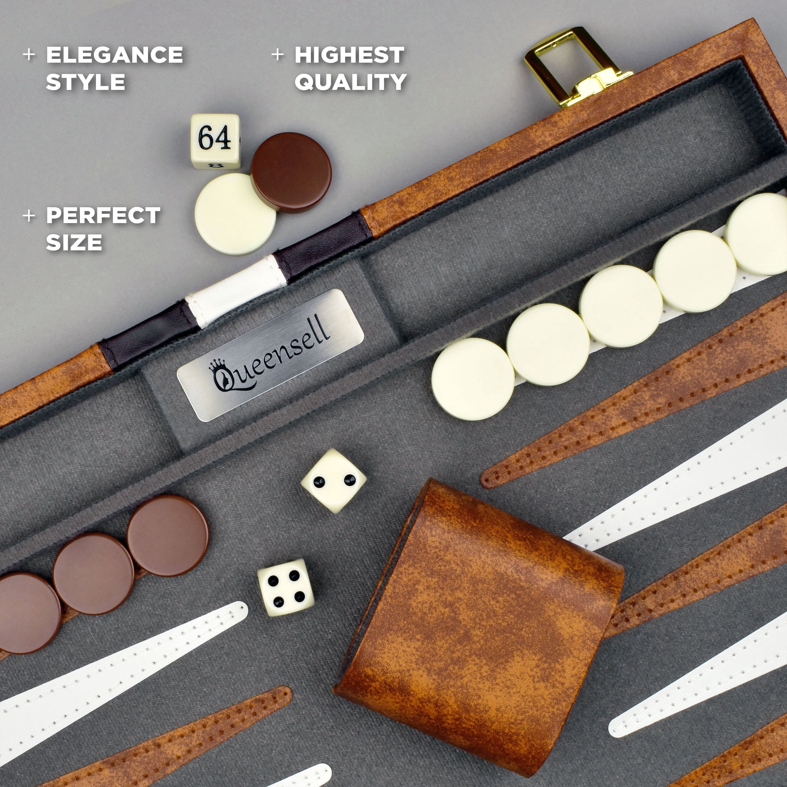 Queensell Backgammon Board Game Set – 15 inch with 32 Pieces in PU Leather Case for Adults and Kids