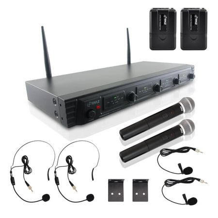 Pyle PDWM4540 - Wireless Microphone System, UHF Quad Channel Fixed Frequency, 2 Handheld Microphones, 2 Body-Pack Transmitters, 2 Headset & 2 Lavalier Mics, Rack