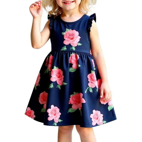 Gelikeya Girls Spring Dresses 5T Flying Sleeve Floral Prints Summer Princess Dress Fashion Cute Design Casual Dress(Toddlers, Orange, 3-4 Years)