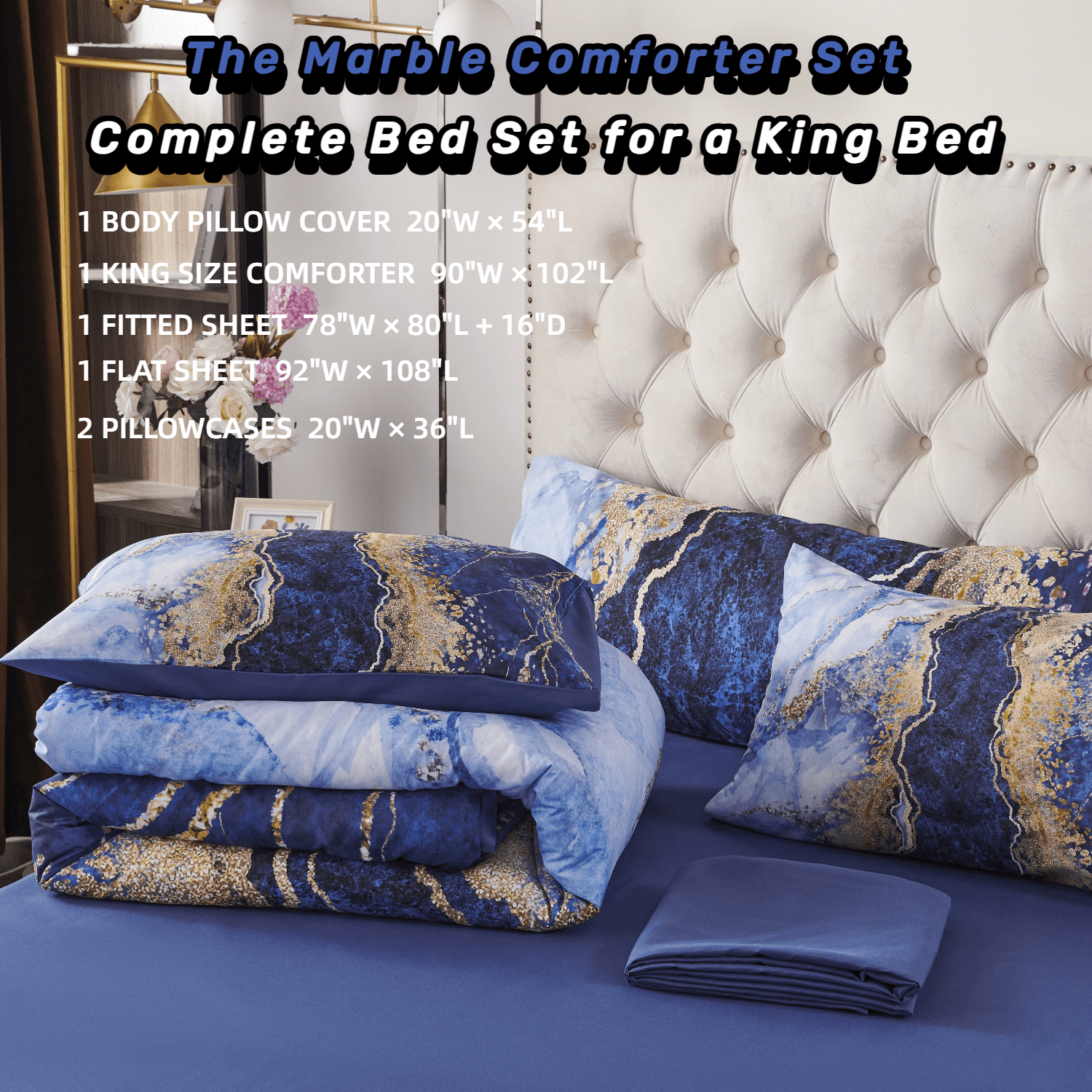 PERFEMET 6-Piece Light Blue King Size Comforter Set,Watercolor Marble Printed Bed in a Bag Set,Retro Artwork Style Bedding Set for Women Men