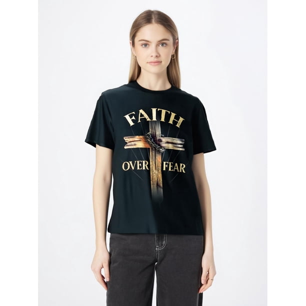 Faith Over Fear Christian Cross Religious For Men Women T-ShirtFather's Day, Mother's Day, New Year,Camisetas de verano para mujer, manga corta, cuello redondo, casual, lindo, con gráficos, camisetas