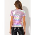 thumbnail image 3 of INSPIRE CHIC Women's Party Metallic Textured Short Sleeve Shiny Multi Color Top Shiny Pink S, 3 of 4