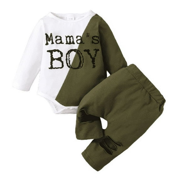 Mikrdoo Infant Boys Outfits 12 Months Baby Boys "Mama's BOY" Print Splice Romper 18 Months Boys Elastic Ripped Pants 2Pcs Clothes Set Green