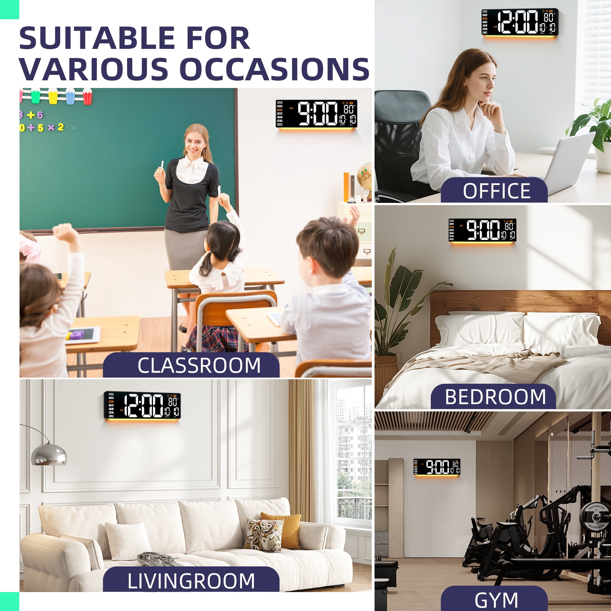 16.5" Large Digital Wall Clock with Remote Control, Auto-Dimming LED Display with Date Temp, Big Number Wall Mount Decor Clock for Seniors, Classroom, Dorm, Home, Office, Gym White