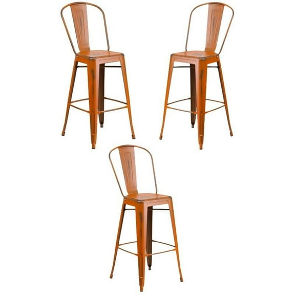 Home Square 30" Metal Curved Slat Back Bar Stool in Distressed Orange - Set of 3