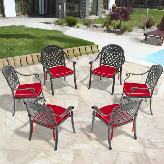 Cast Aluminum Patio Dining Chairs 6 Piece Set with Black Frame and Red Cushions for Outdoor Comfort and Durability