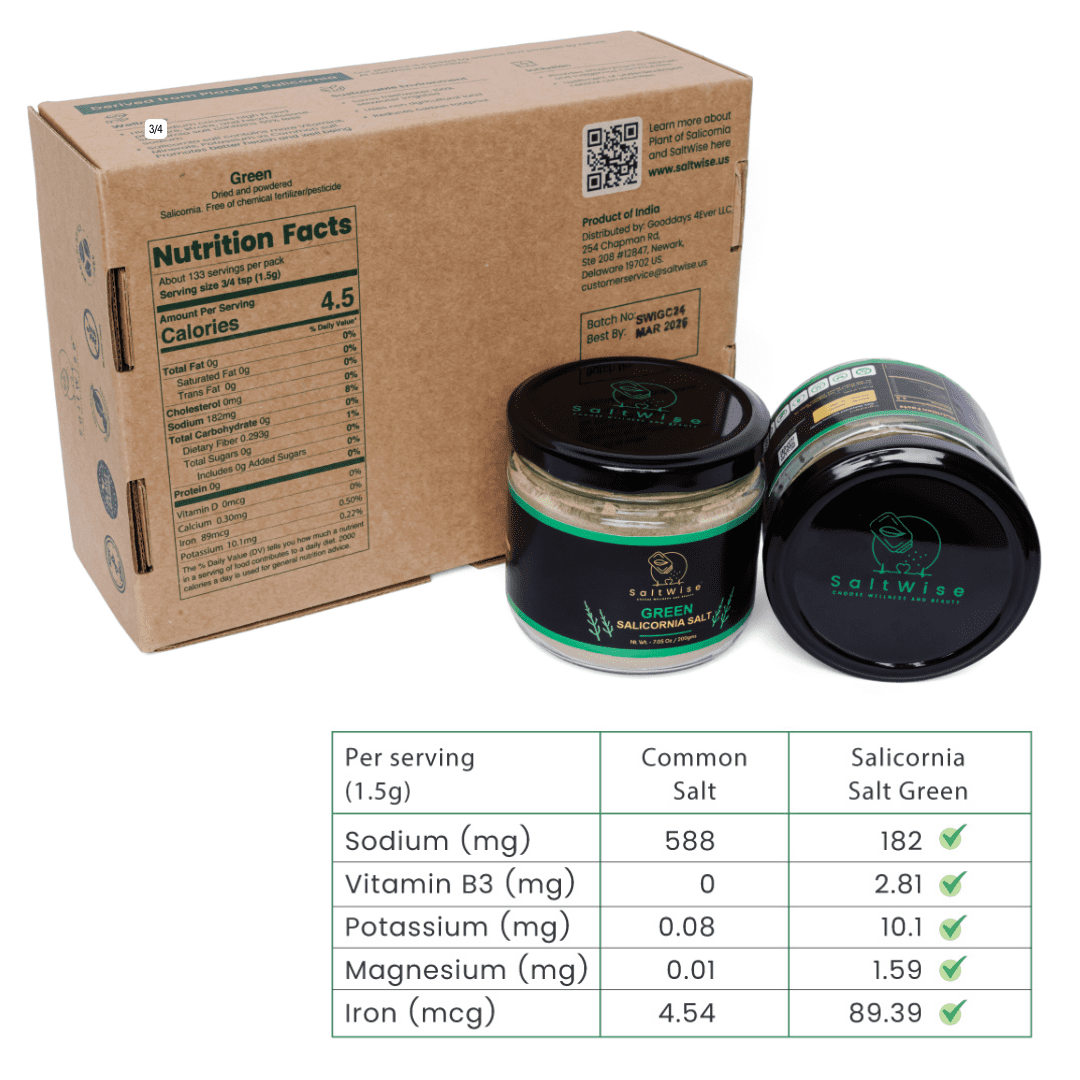 SaltWise Low Sodium Green Salicornia Salt, Plant-Based, 14.1 oz (400g)