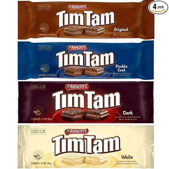 Arnott’s Tim Tam Chocolate Biscuits – 4-Pack Variety: Original, Dark, Double Coat, White – Imported from Australia