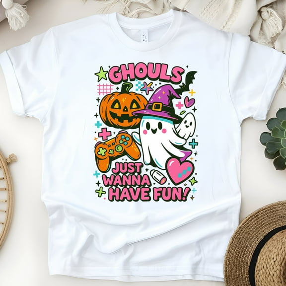 Ghouls Just Wanna Have Fun Ghost Pumpkin Gamer Halloween T-Shirt, White, Size S
